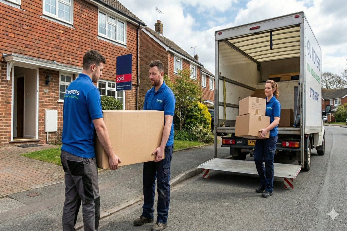 Professional GU Movers team carrying moving boxes outside a brick house in Guildford